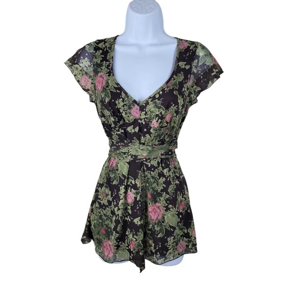 Vintage DKNY Top Blouse Floral Mesh Size XS Chiffon semi sheer alt Tie Waist - Picture 2 of 8